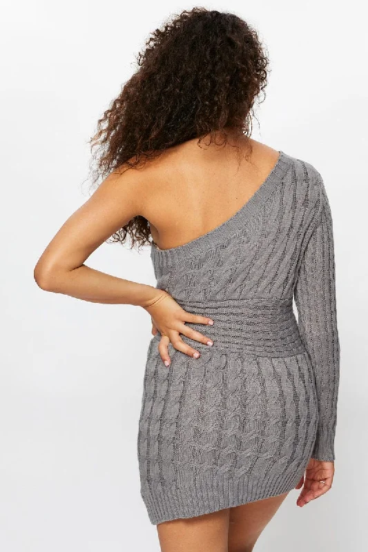 Grey One Shoulder Cable Knit Dress