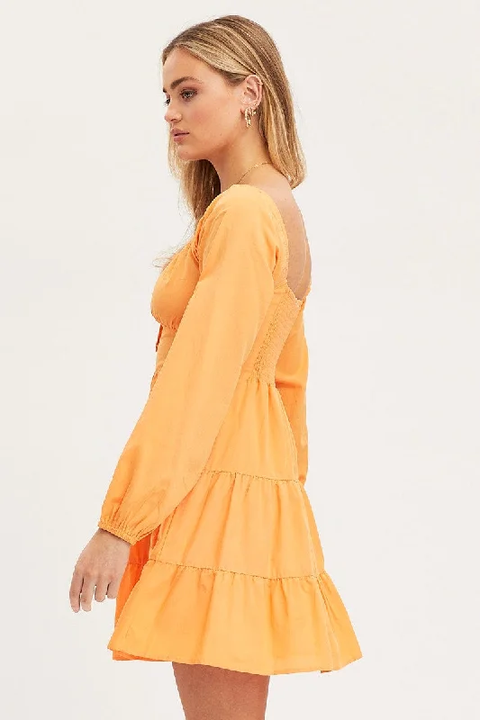 Orange Fit And Flare Dress Long Sleeve Square Neck