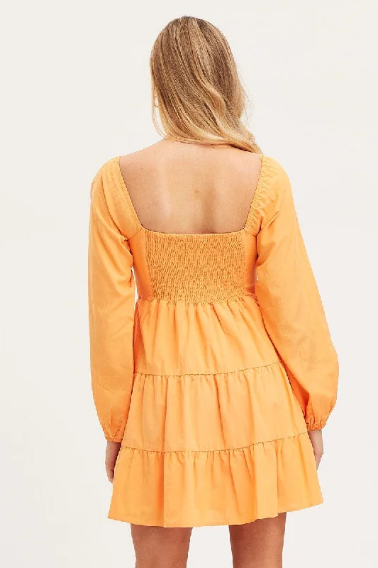 Orange Fit And Flare Dress Long Sleeve Square Neck