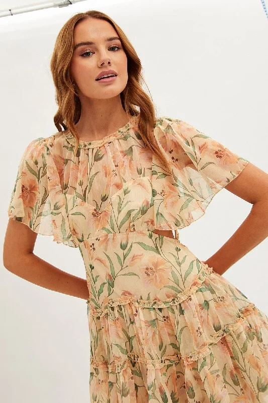 Orange Floral Fit And Flare Dress Short Sleeve Backless