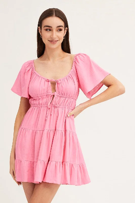 Pink Round Neck Short Sleeve Linen Blend Skater Dress