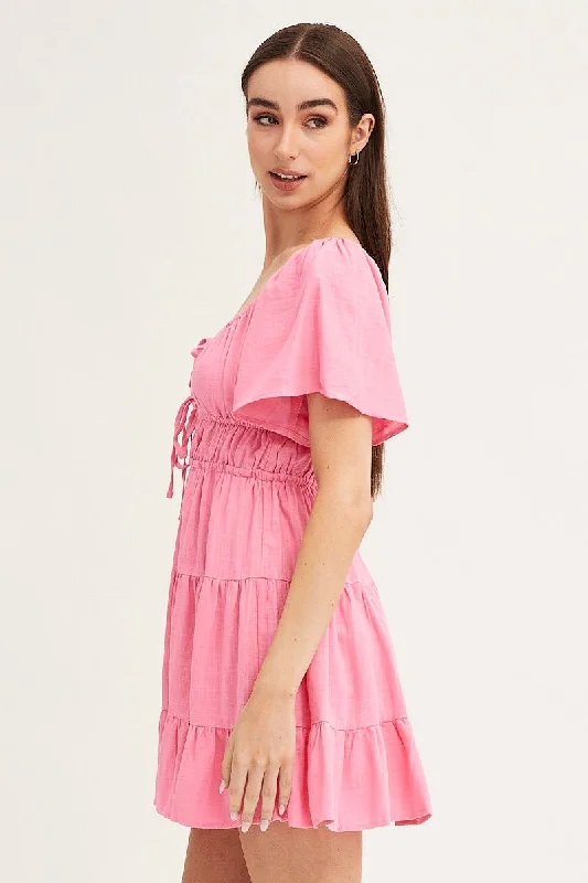 Pink Round Neck Short Sleeve Linen Blend Skater Dress