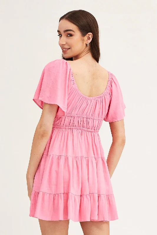 Pink Round Neck Short Sleeve Linen Blend Skater Dress