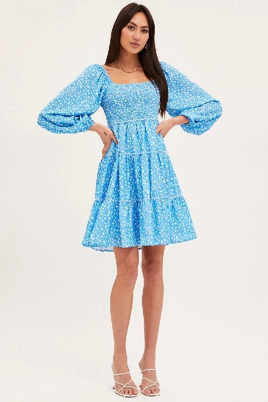 Print Fit And Flare Dress Long Sleeve Square Neck