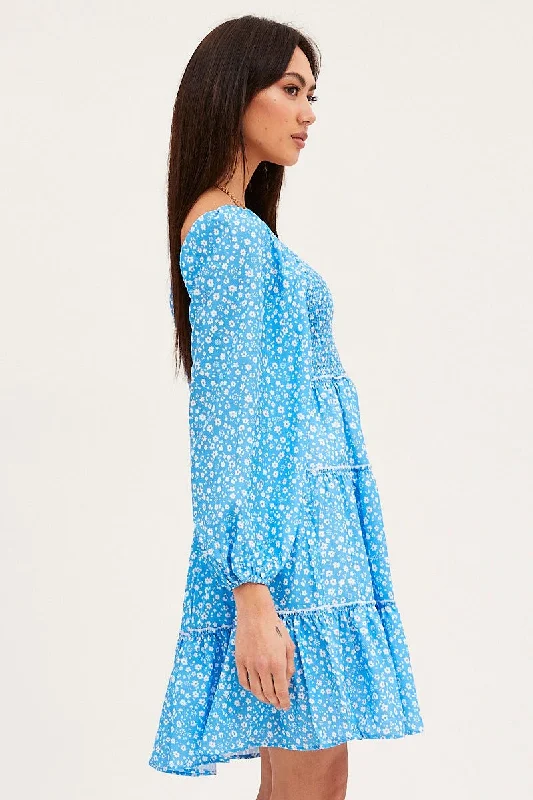 Print Fit And Flare Dress Long Sleeve Square Neck