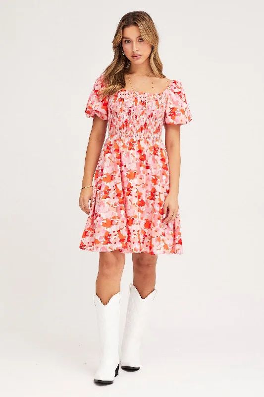 Print Fit And Flare Dress Short Sleeve Square Neck