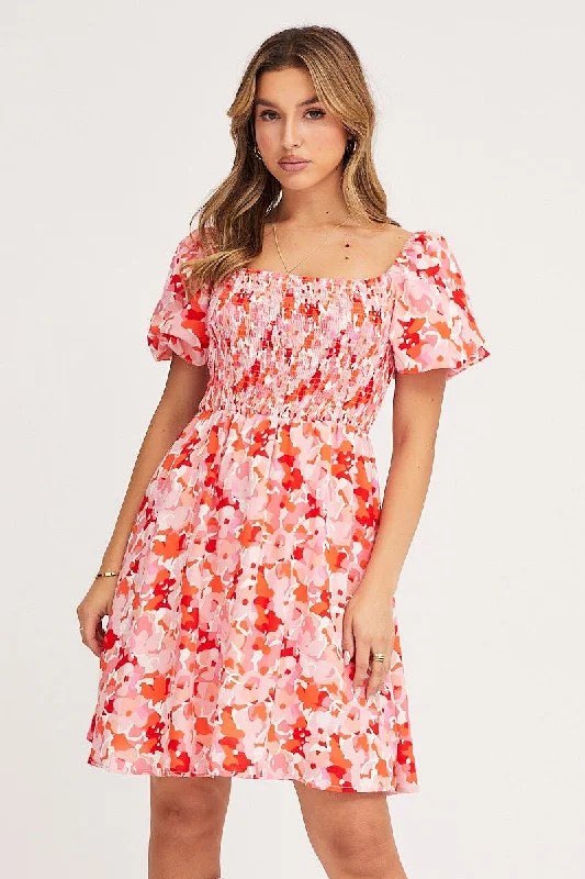 Print Fit And Flare Dress Short Sleeve Square Neck