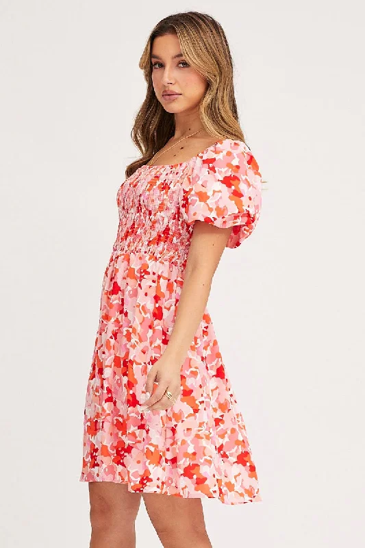 Print Fit And Flare Dress Short Sleeve Square Neck