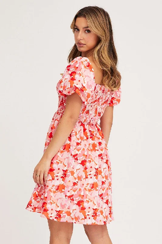 Print Fit And Flare Dress Short Sleeve Square Neck