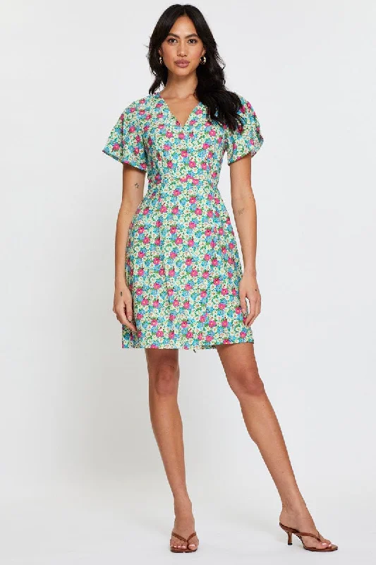 Print Fit And Flare Dress Short Sleeve V Neck