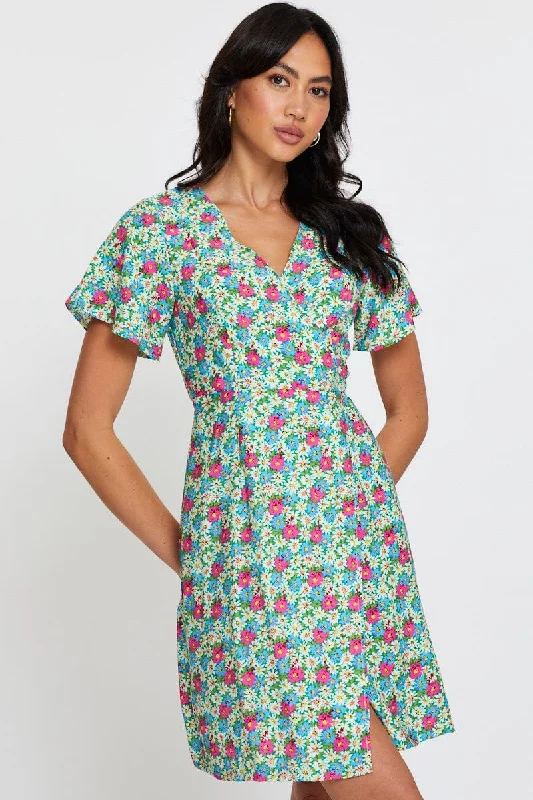 Print Fit And Flare Dress Short Sleeve V Neck