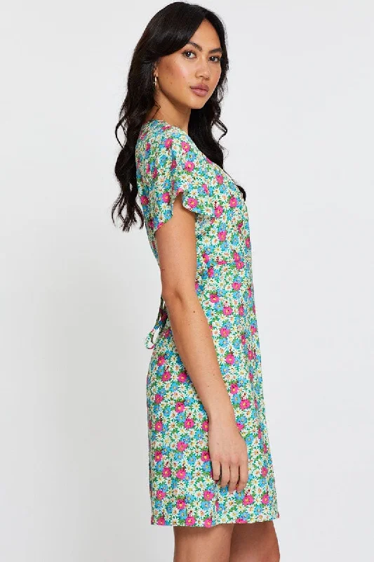 Print Fit And Flare Dress Short Sleeve V Neck