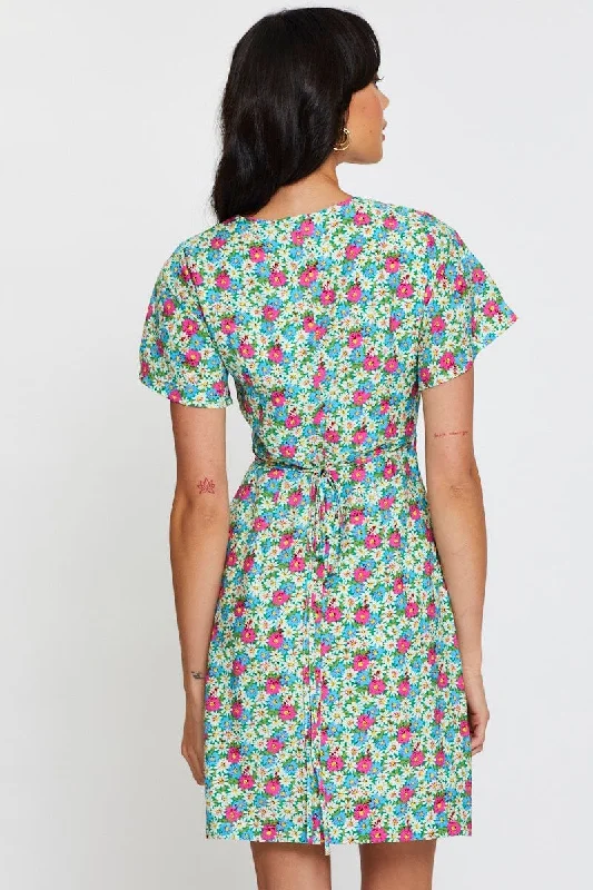 Print Fit And Flare Dress Short Sleeve V Neck