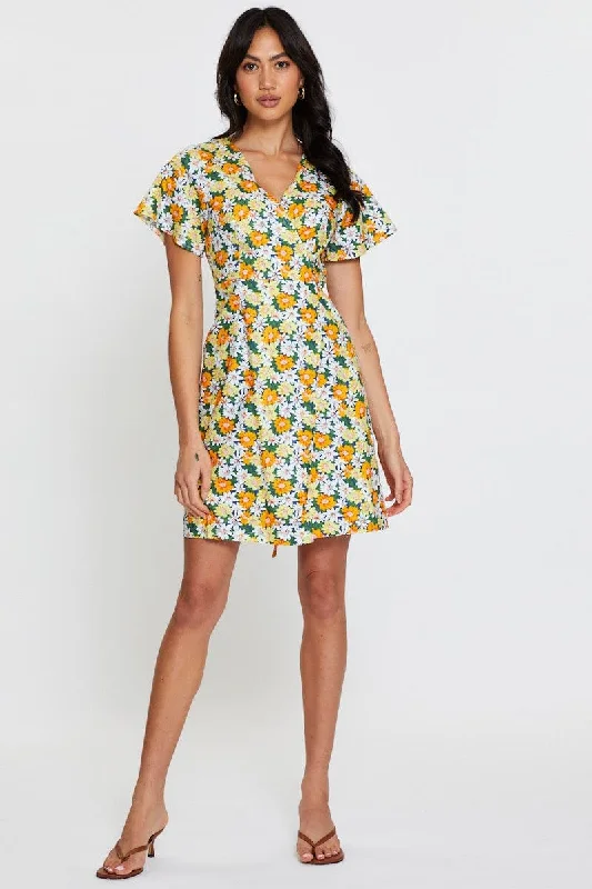 Print Fit And Flare Dress Short Sleeve V Neck