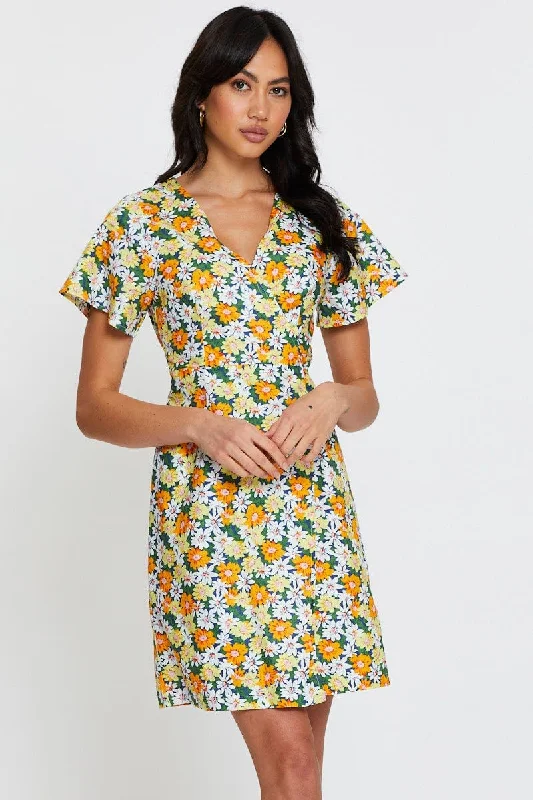 Print Fit And Flare Dress Short Sleeve V Neck