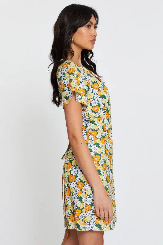 Print Fit And Flare Dress Short Sleeve V Neck