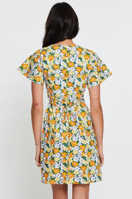 Print Fit And Flare Dress Short Sleeve V Neck