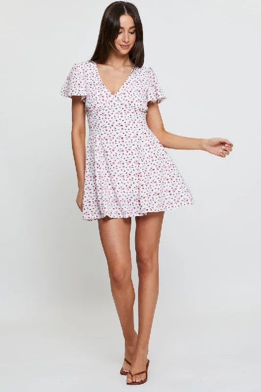 Print Fit And Flare Dress Short Sleeve V Neck