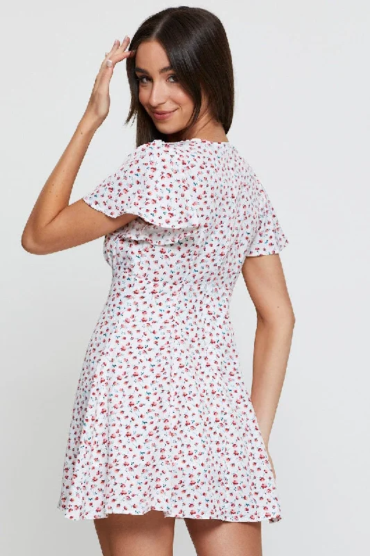 Print Fit And Flare Dress Short Sleeve V Neck