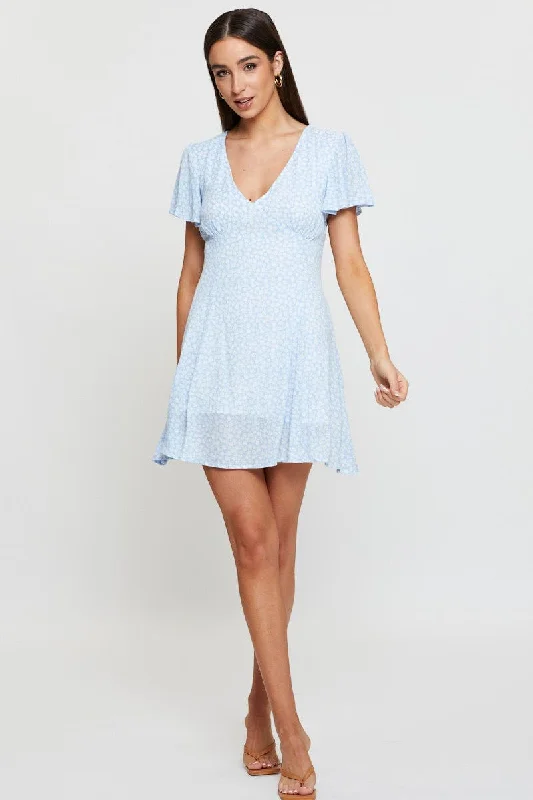 Print Fit And Flare Dress Short Sleeve V Neck