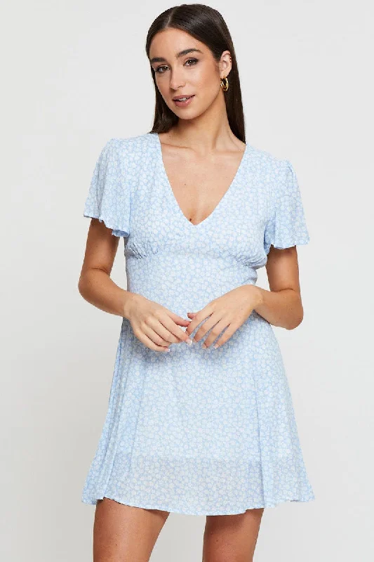 Print Fit And Flare Dress Short Sleeve V Neck