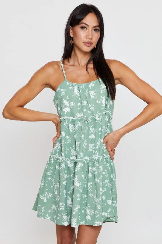 Print Fit And Flare Dress Sleeveless Tie Shoulder