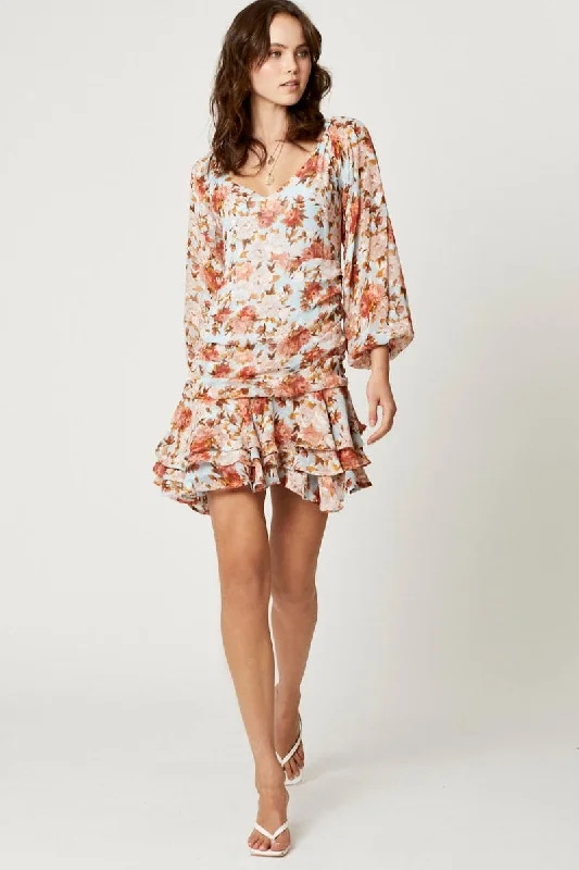 Print Long Sleeve Pleat Detail Skater Dress