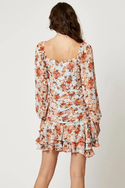 Print Long Sleeve Pleat Detail Skater Dress