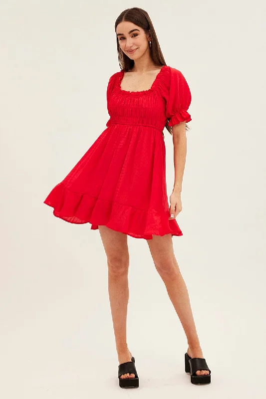 Red Gathered Bust Skater Dress