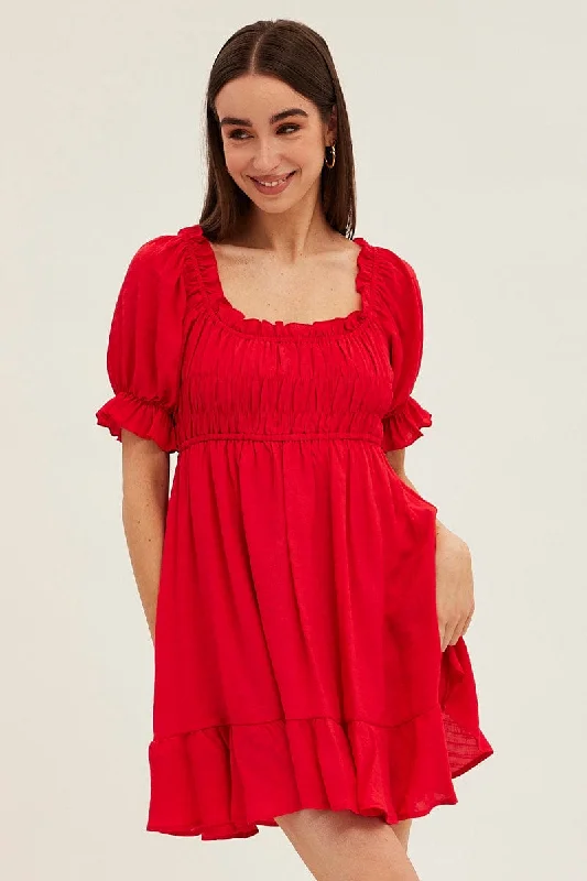 Red Gathered Bust Skater Dress