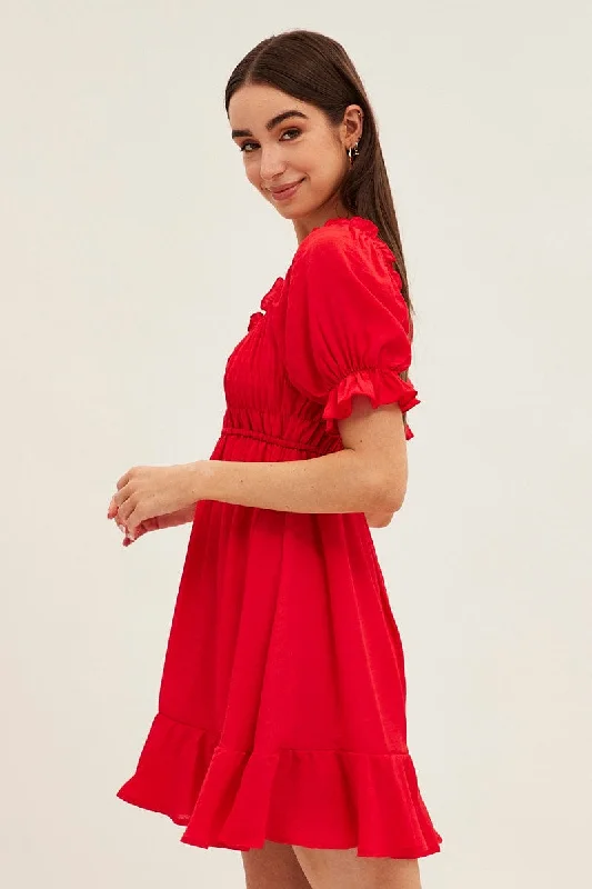 Red Gathered Bust Skater Dress