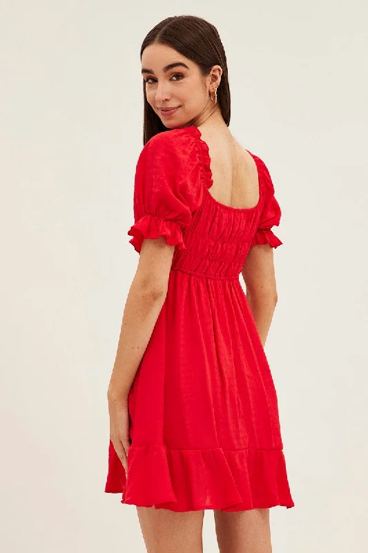 Red Gathered Bust Skater Dress