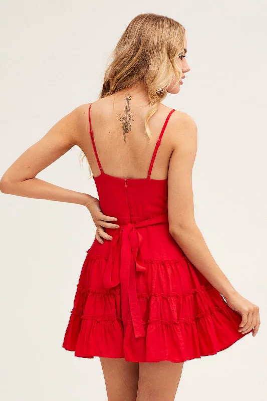 Red V Neck Frill Skater Dress