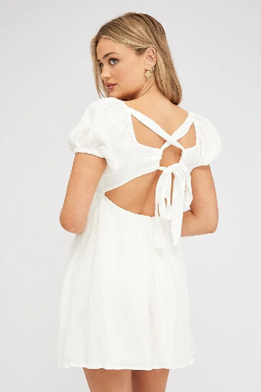 White Fit and Flare Dress Short Sleeve Tie Back Babydoll