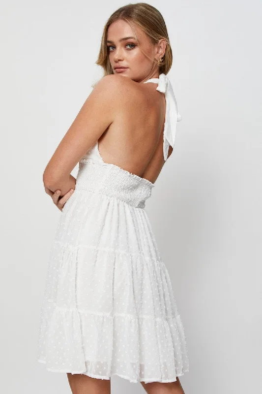 White Fit And Flare Dress Sleeveless Halter Neck