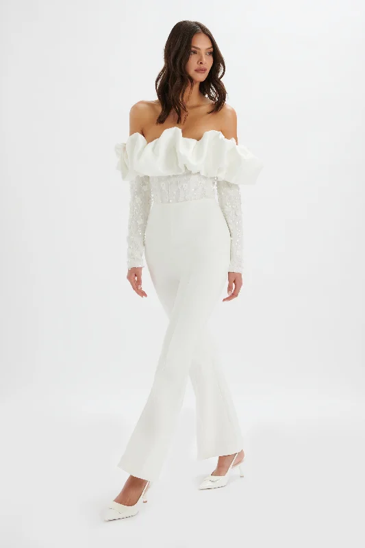 TALLULAH 3D Embroidered Satin Puff Jumpsuit in White