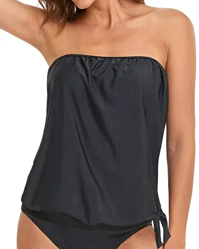 Bandeau Bathing Suit Top Blouson Swimsuit Top No Bottom-Black