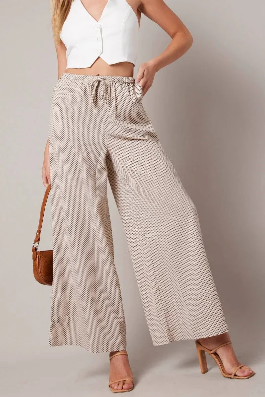 Beige Geo Wide Leg Pants High Rise