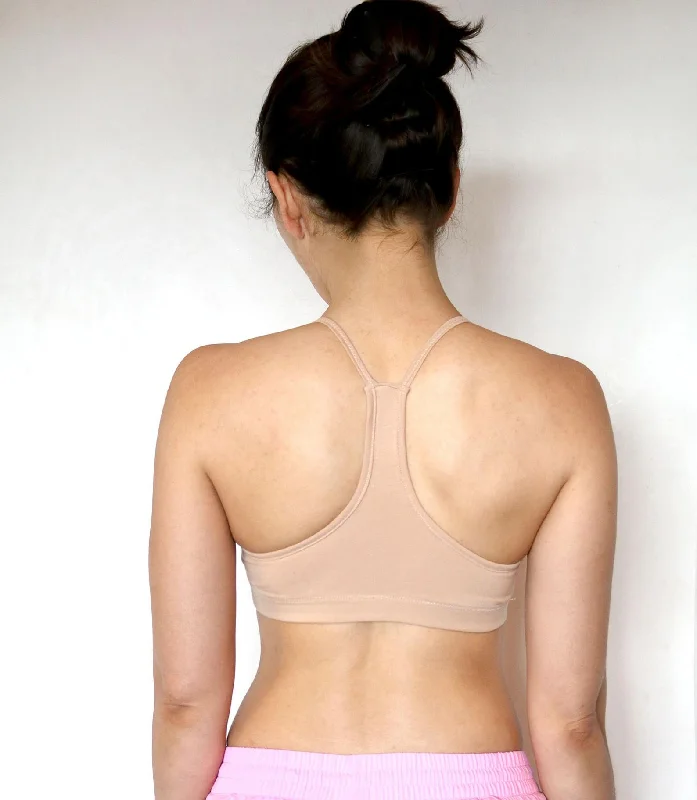 Beige Organic Cotton Sports Yoga Bra. Skinny Racer Back.