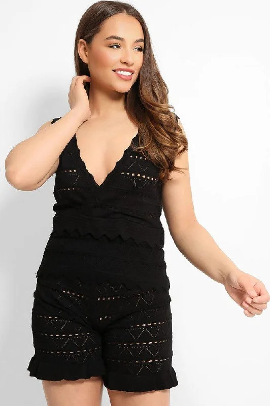 black-perforated-knit-sleeveless-top-shorts-set