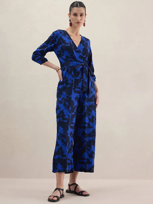 Blue Abstract Printed Wrap Jumpsuit