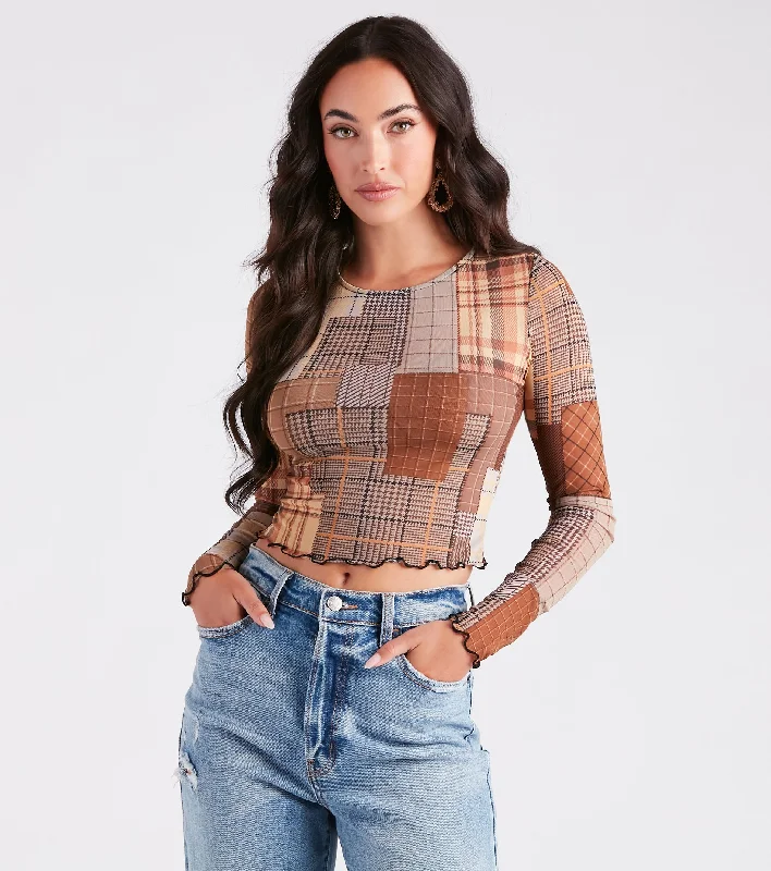 Cutie In Plaid Long Sleeve Mesh Crop Top