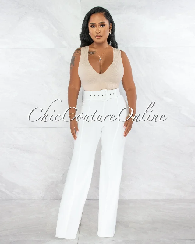 Faina Off-White Belt High Waist Palazzo Pants