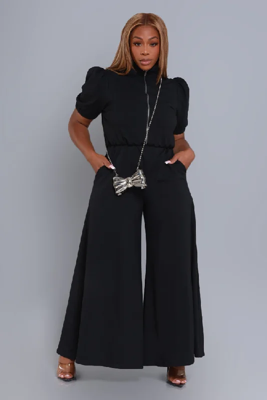 Find My Way Puff Sleeve Wide Leg Jumpsuit - Black