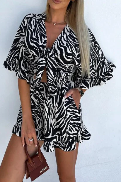 Heidi Black Zebra Print Knot Front Playsuit