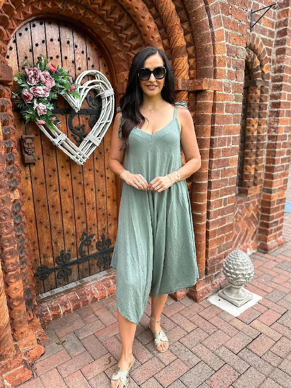 Khaki Cotton Sleeveless Jumpsuit