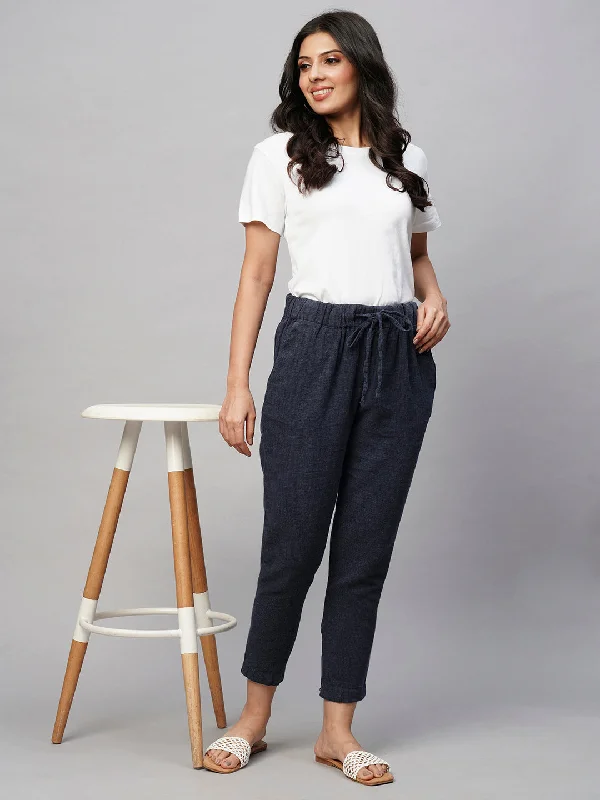 Women's Navy Linen Cotton Regular Fit Pant