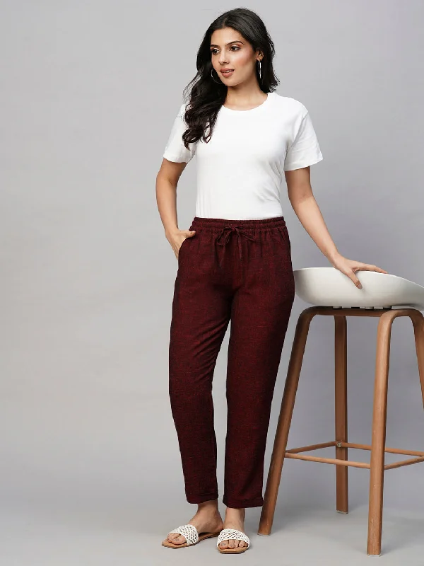 Women's Maroon/Red Viscose Linen Regular Fit Pant