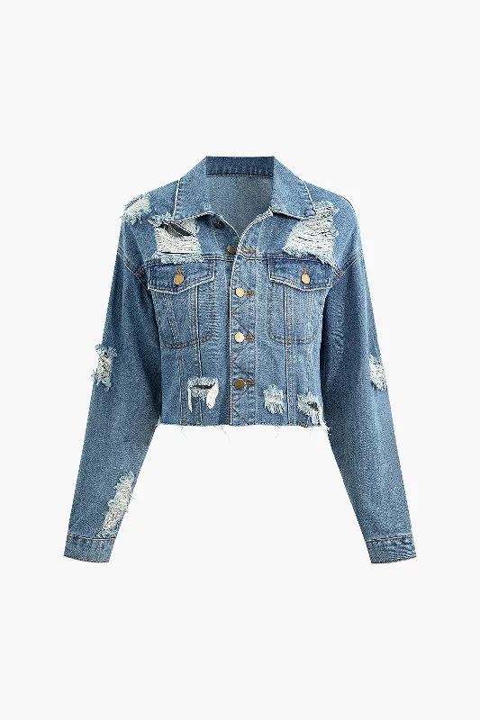 Frayed Button Up Flap Pocket Denim Coat