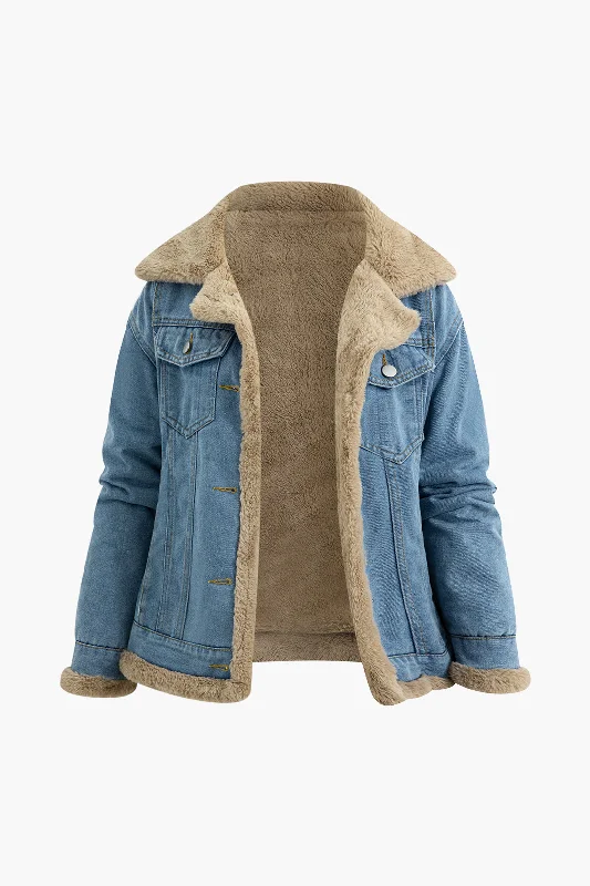 Faux Fur Pocket Notched Lapel Denim Jacket